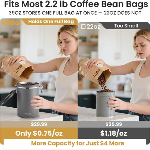 39OZ 2.2lbs Veken Coffee Canister, Large, Airtight Stainless Steel Food Storage Container for Coffee Beans,Ground