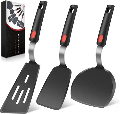 Hotec Silicone Spatula Turner Set of 3, 600°F Heat Resistant, Large Flexible Rubber Spatula for Nonstick Cookware