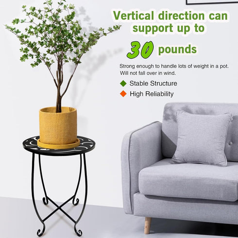 Kaesithar 15 Inch Tall Metal Plant Stand Indoor Outdoor, Round Side Table with Swirl Pattern, Rust Resistant Iron