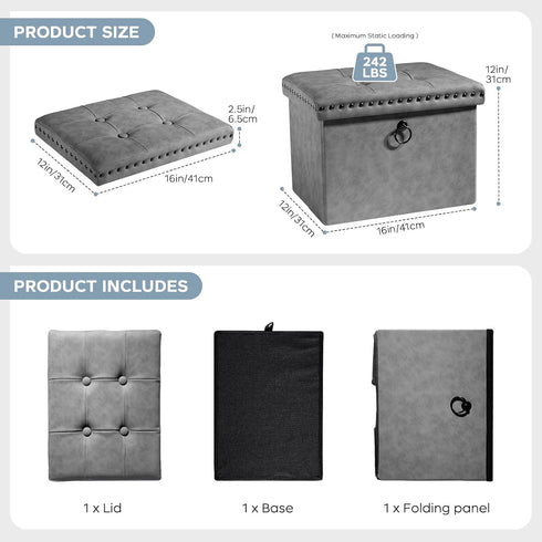 16x12x12 inches, 242 lb, oakvivo Storage Ottoman Cube Small Faux Leather Tuffed Foot Rest Stool with Rivet Design