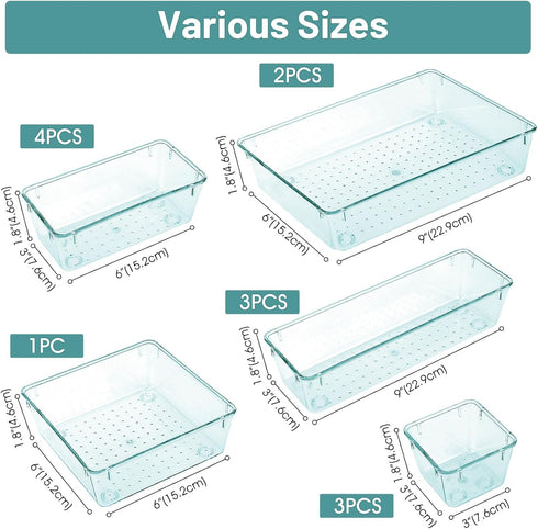 WOWBOX 13 PCS Plastic Drawer Organizer Set, 5 Sizes Desk Drawer Divider Organizers and Storage Bins for Makeup, Jewelry, Gadgets for Kitchen, Bedroom, Bathroom, Office, Sea Blue by WOWBOX