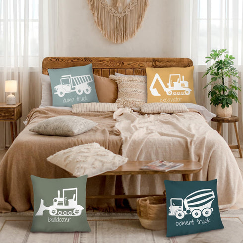 18x18 Set 4 Construction Truck Decor for Toddler Boys Room - Bedroom Playroom Nursery, Truck Pillow Covers
