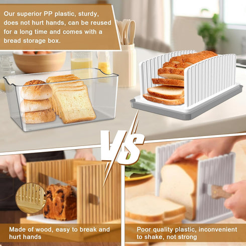 Upgrade Bread Slicer with Bread Box - Adjustable Width Cutting Guide, Foldable and Compact with Crumb Tray