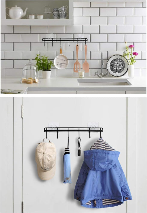 YiZhi Adhesive Wall Hooks Rack, Space Saving Kitchen Rail with 6 Hooks, No Drilling Wall Mounted Accessory Hanger, Pack