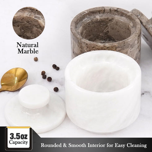 3" MARBLOUS KRAFTS Marble Salt Cellar with Lid White and Oceanic Celtic Salt & Pepper Containers, Perfect for Home