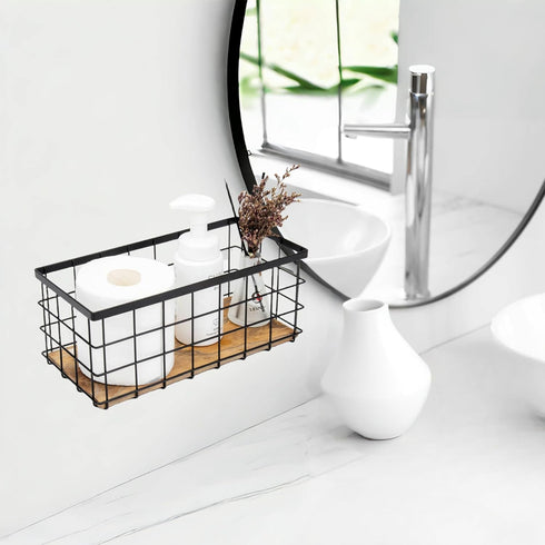 TIEYIPIN Black Metal Wire Storage Baskets with Wood Bottoms, Set of 2 Bathroom Organizer Bins, Includes 2 Bonus