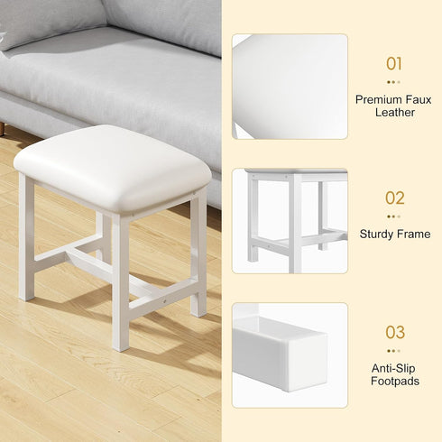 WBKATN White Vanity Stool, Small Vanity Chair, Cute Makeup Bench Seat with Leather Cushioned, Desk Stools for Bedroom
