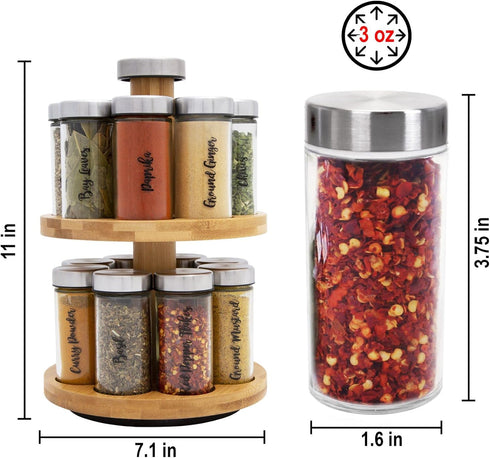 Orii 16 Jar Spice Rack with Included Spices - Rotating 2 Tier Bamboo Wood Countertop Organizer for Kitchen