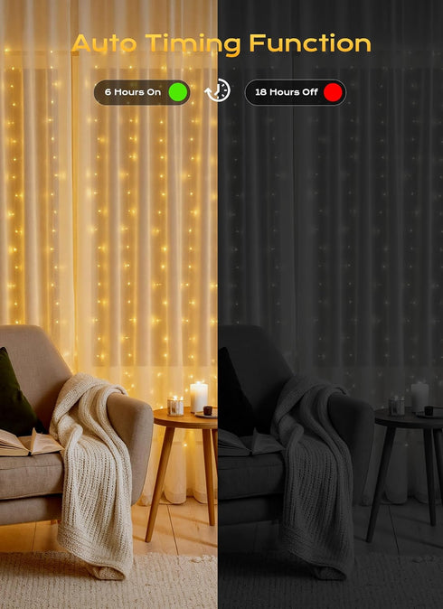 300 9.8 8 Brightown LED Curtain Lights, FT Plug in Fairy Lights for Bedroom, Lighting Modes, Christmas String Lights
