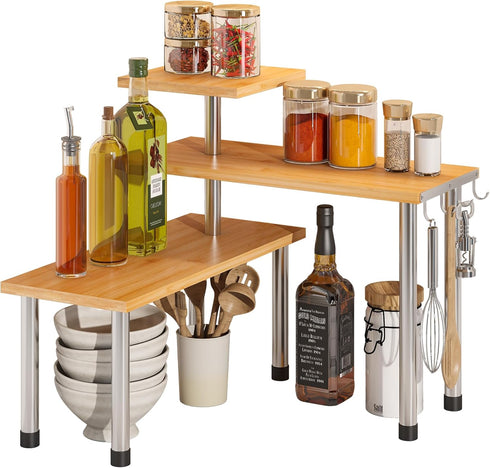 BMOSU Kitchen Corner Shelf Organizer, Adjustable 3 Tier Rack with Hooks for Kitchen Bathroom Counter Storage