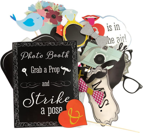 Wedding Photo Booth Props, 8 x 10-Inch Sign, 45 Adhesive Pads, 35 Wooden Sticks for Wedding Backdrop