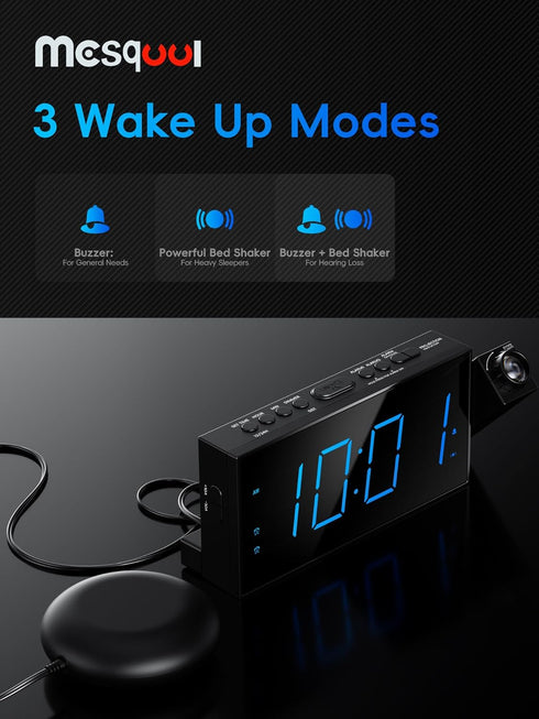 Mesqool Projection Alarm Clock - Loud Vibrating Alarm Clock for Heavy Sleepers with USB Charging Port