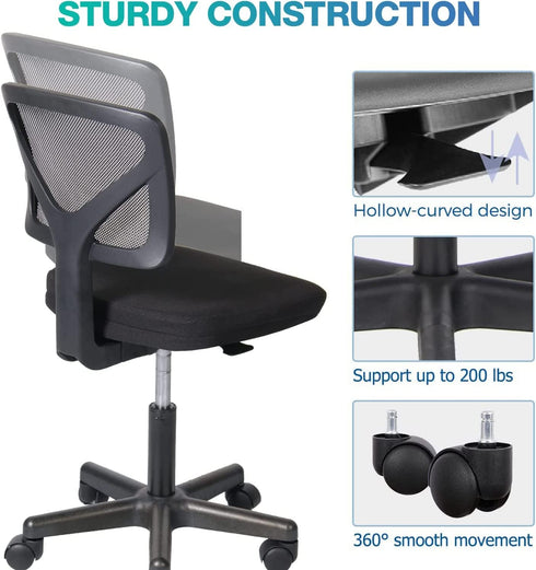 AFO Small Desk Chair, Armless with Ergonomic Lumbar Support, Adjustable Height, 360 Degree Swivel