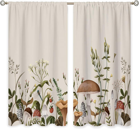 2 42Wx45H Inch Vintage Mushroom Window Curtains Leaves Botanical Rod Pocket Rustic Boho Mushroom Beige Curtain Drapes