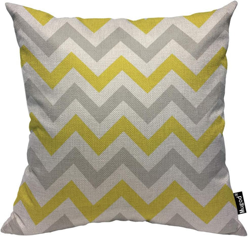 Mugod Chevron Throw Pillow Cover, Zigzag Wavy Geometric Stripe, Yellow White Gray, 18x18 Inch for Home Decor