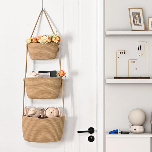 4 Hanging Storage Baskets, Over the Door Basket, Cotton Wall Baskets Storage, Hanging Door Basket with Hooks