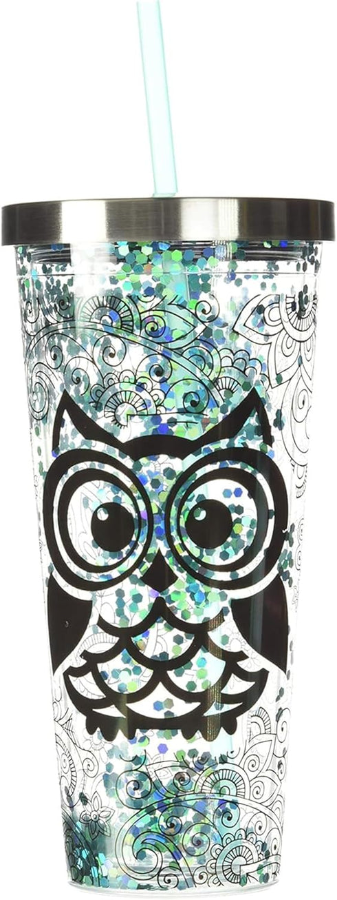 Spoontiques Glitter Filled Acrylic Tumbler - 20 oz Glitter Cup with Straw, Double Wall Insulated, BPA Free, Blue Owl
