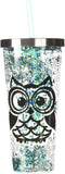 Spoontiques Glitter Filled Acrylic Tumbler - 20 oz Glitter Cup with Straw, Double Wall Insulated, BPA Free, Blue Owl