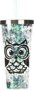 Spoontiques Glitter Filled Acrylic Tumbler - 20 oz Glitter Cup with Straw, Double Wall Insulated, BPA Free, Blue Owl
