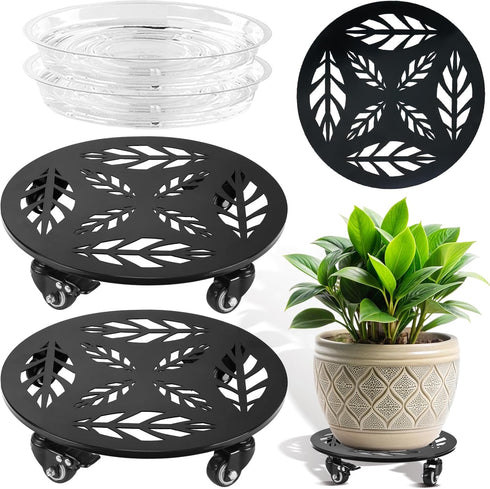 Planterhoma 2 Packs 12 Inch Rolling Plant Stand with Wheels Metal Plant