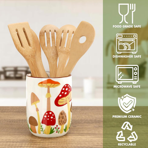 Countertops Nefelibata Mushroom Ceramic Utensil Holder Rustic Functional Utensil Crock Kitchen Storage Decor Perfect