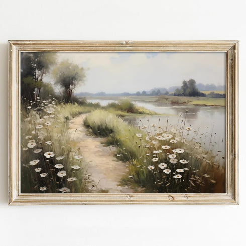 Wildflower Field Landscape Picture, Vintage Canvas River Painting, Country Scene Artwork, 16x24inch No Frame