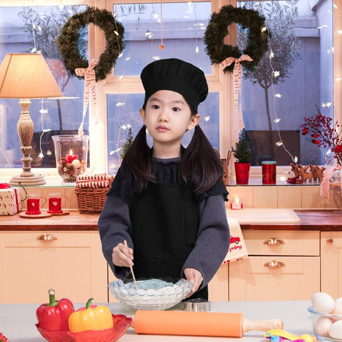 Kids Adjustable Bib Apron and Chef Hat Set, 2 Pockets, Cute Black Kitchen Apron for Boys Girls Cooking (2-5 Year)
