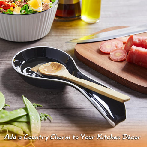 Ceramic Spoon Rest for Stove Top, DAYYET Large Spoon Holder for Kitchen Counter, Black