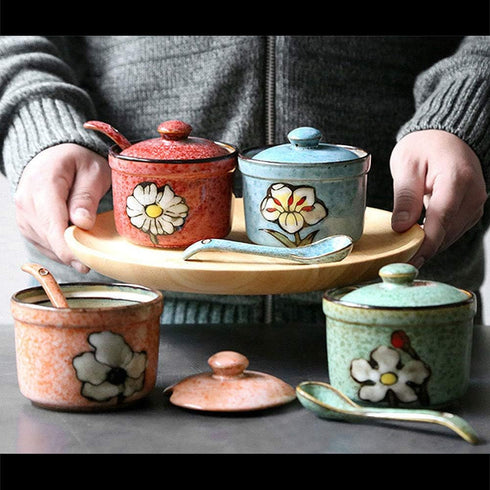 VanEnjoy Retro Hand Painted Flower Ceramic Round Sugar Bowl, Porcelain Spice Container with Spoon