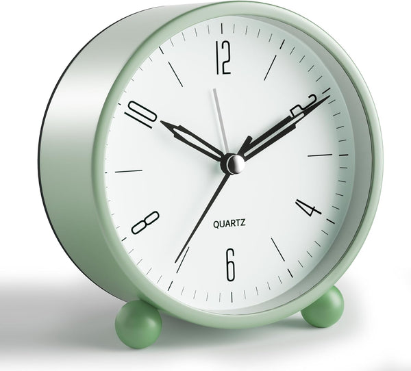 Analog Alarm Clock - 4 inch Super Silent Non Ticking Small Clock with Night Light, Battery Operated, Ideal Decor for