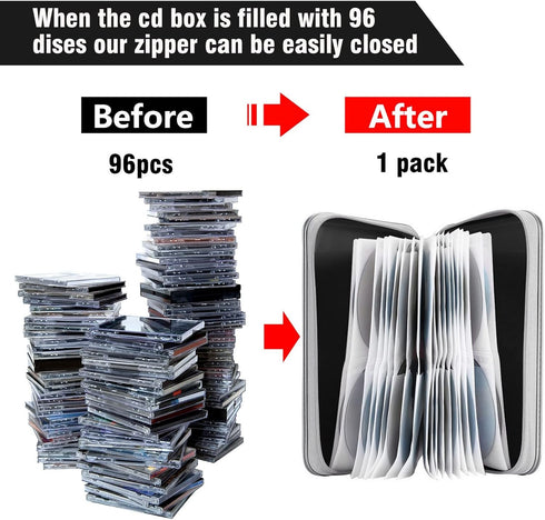 CD Case, DVD Case Holder, 96 Capacity Hard Plastic Storage Binder for Car, Home, Office, Travel (Black).