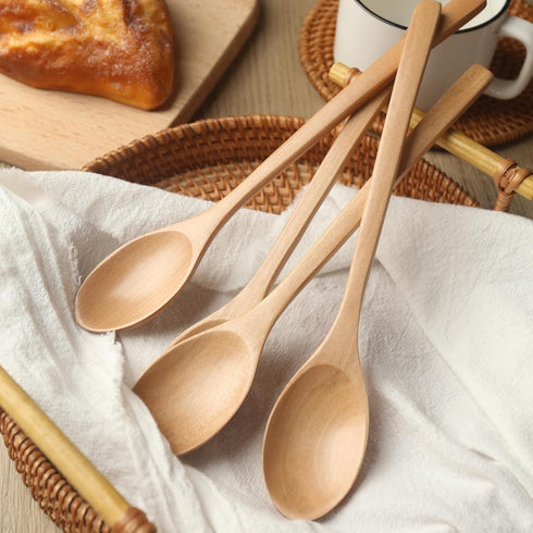 Wooden Spoons 6PCS, 9 Inch Long Handle Spoon for Eating, Mixing, Stirring, Japanese Style Home Kitchen Cooking