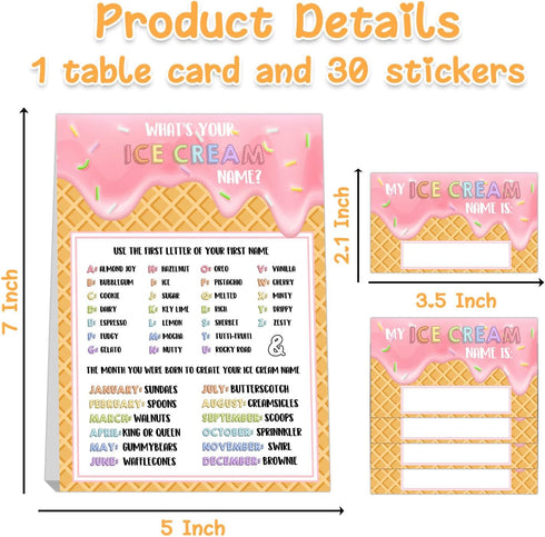BirtDerr 30PCS What's Your Ice Cream Name, Ice Cream Decorations for Birthday Party, Sticker Name Cards for Birthday