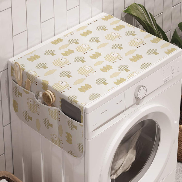 Ambesonne Sheep Washing Machine Organizer, Sheep Characters with Checkered Patterns Little Trees Fences Rural Farm Life, Anti-slip Fabric Cover for Washers and Dryers, 47" x 18.5", White Khaki