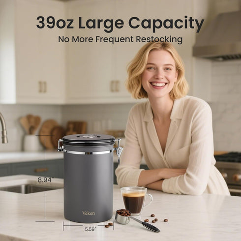 39OZ 2.2lbs Veken Coffee Canister, Large, Airtight Stainless Steel Food Storage Container for Coffee Beans,Ground