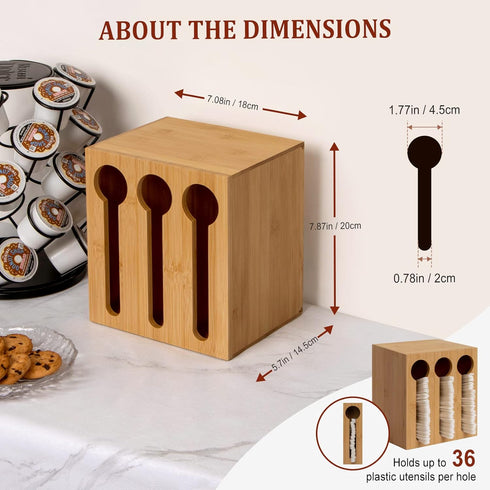 Bamboo Utensil Dispenser for Spoons and Forks, 3 Compartment Plastic Utensil Holder Station for Party and Breakroom