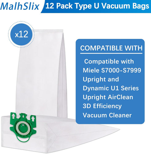 Type U 3D Airclean Vacuum Bags, 12 Packs Compatible for Miele S7000-S7999 Upright and Dynamic U1 Series