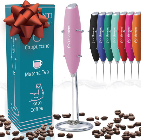 Elementi Electric Pink Milk Frother Handheld - Mini Whisk for Coffee, Matcha and Drinks, Portable Frother & Mixer with