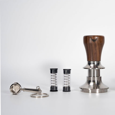 Calibrated Espresso Tamper 58mm Walnut, Auto-Leveling Stainless Steel Ripple Base Coffee Tamper with Replacement Springs