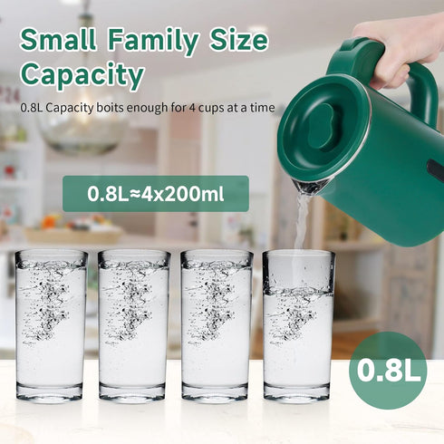 Small Electric Tea Kettle, 0.8L Portable Mini Hot Water Boiler Heater with Auto Shut-Off & Boil Dry Protection (Green)