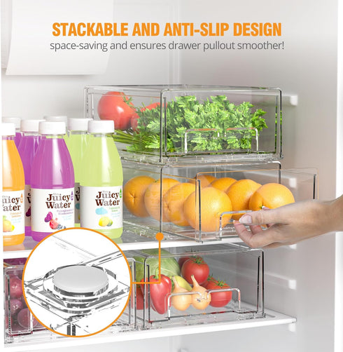 Stackable Fridge Organizer Bins - 2 Pack Refrigerator Drawers for Storage, Clear Fruit Containers for Fridge, Berry