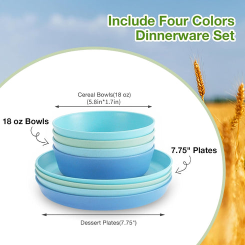 Mfacoy Kids Plates and Bowls Set, Unbreakable Dinnerware - 4 Pcs 7.75" Plates & 4 Pcs 18 oz Bowls, BPA Free