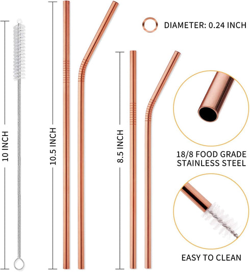 Hiware 12-Pack Rose Gold Metal Straws, Reusable with Case, Stainless Steel Drinking Straws for Tumblers