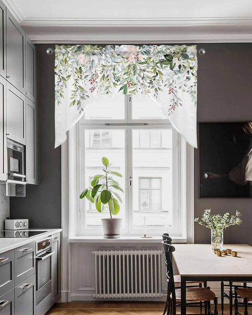 Watercolor Spring Floral Swag Valances for Kitchen Window, Eucalyptus Leaves Flowers Drapes 56x36 Inch