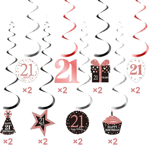 Blulu 21st Birthday Party Decorations, 21st Birthday Banners Rose Gold Hanging Swirls for Party Supplies 30 Count