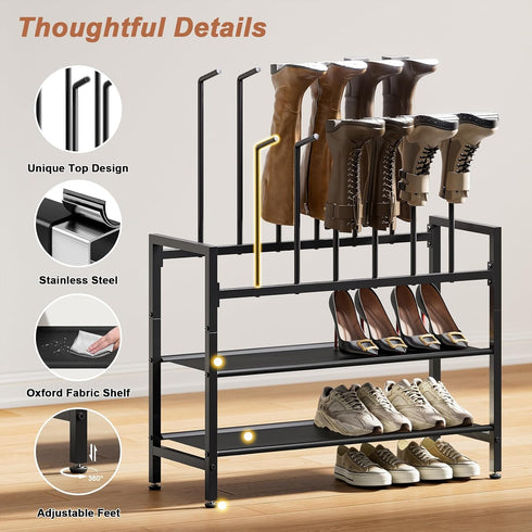 4-Tier Closet, 6 Free Standing Shoe Racks, Boot Rack Organizer for Tall Boots, Sneakers, High-Heel, Black Metal Shoe