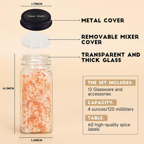 DIDITIME 12Pcs 4oz Spice Jars with Label, Empty Square Seasoning Containers, Spice Jars with Shaker Lids, Small Spice