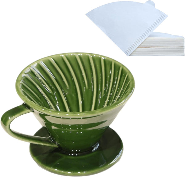 Ceramic Coffee Dripper with 50 Filters, Portable 01 Hand Drew Pour Over Coffee Maker for 1-2 People