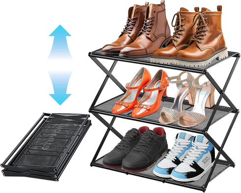 Small Shoe Rack for Entryway - 3 Tier Shoe Organizer Metal Foldable