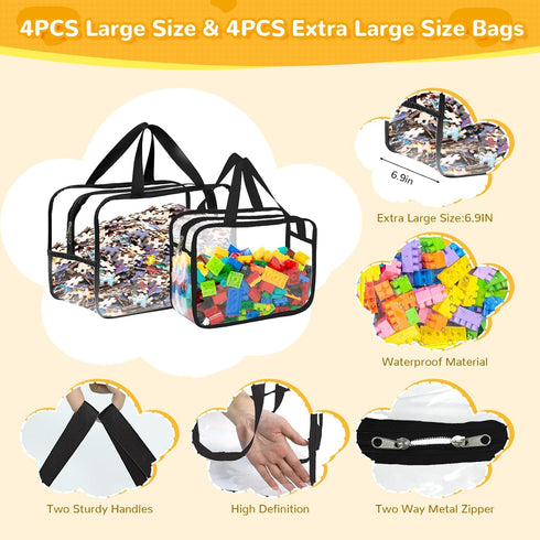 8 Packs Books(4 4 Large Toy Storage Bags with Labels, Reusable Clear PVC Board Game Storage, Travel Waterproof